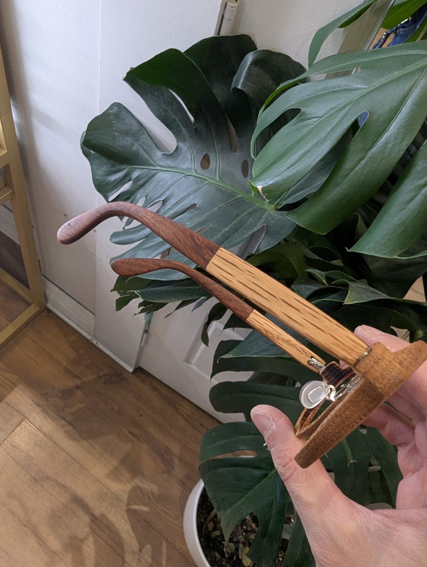 Close-up of an oak wood eyeglass frame's bridge and hinge area with nose pads, held near a houseplant