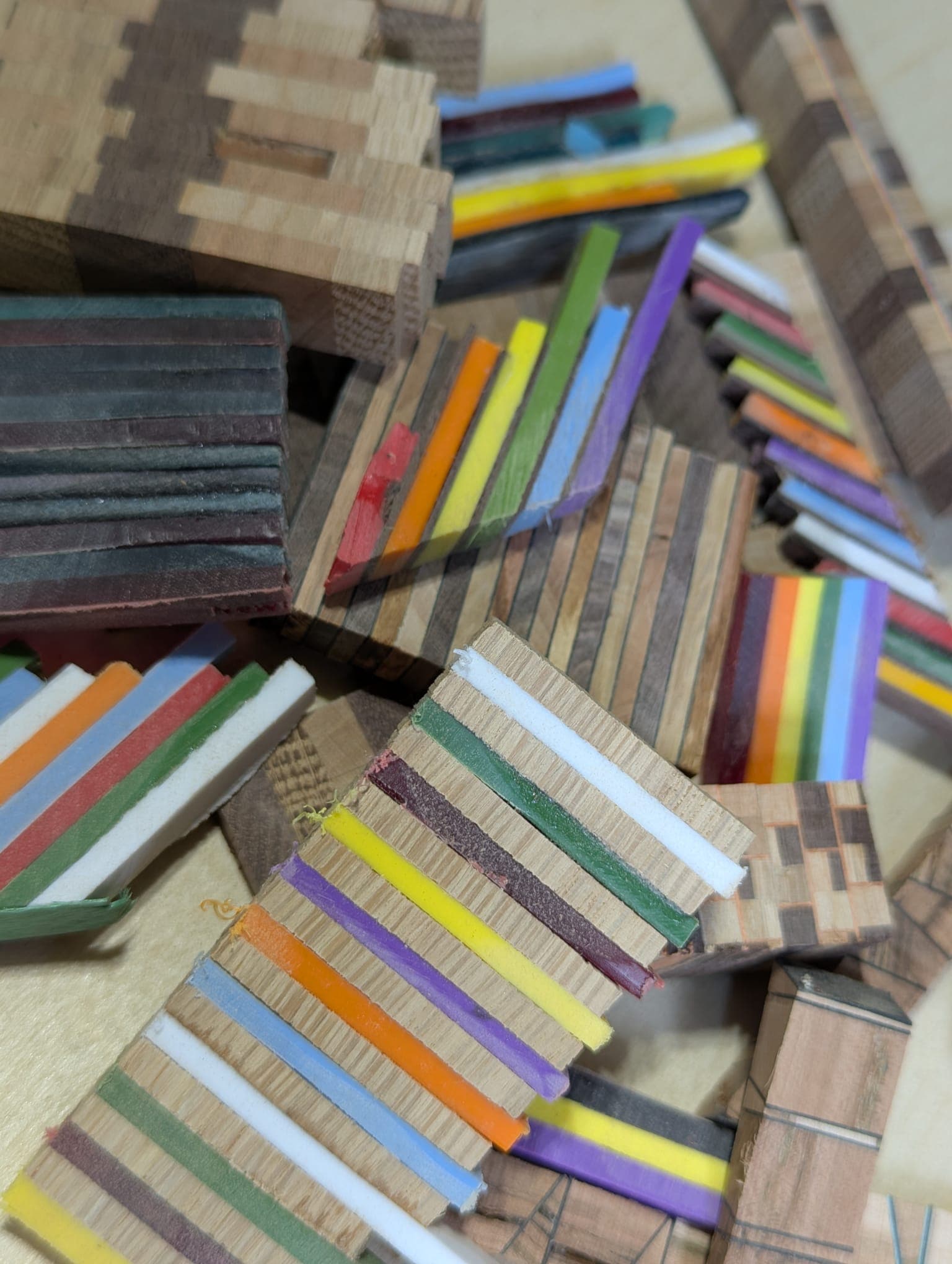 An assortment of inlay material in various colors and patterns, laid out before being set into wood temples